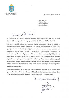 List gratulacyjny od władz miast Poznania